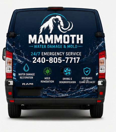 Rear doors of a Mammoth service van with the mammoth logo and 24/7 emergency service number