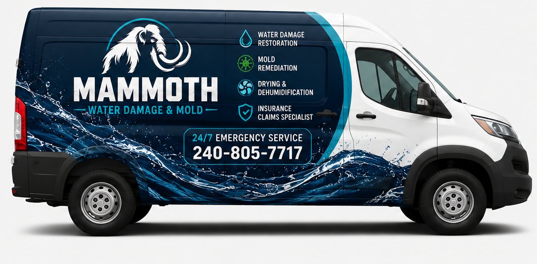 Mammoth Water Damage & Mold service van with navy and water-splash wrap listing water damage restoration, mold remediation, drying and insurance claims, and the 24/7 number 240-805-7717
